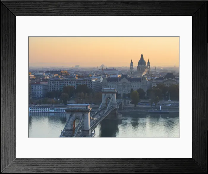 Framed Print : Chain Bridge (Szechenyi Bridge) and St Stephens Basilica at sunrise, Budapest, Hungary