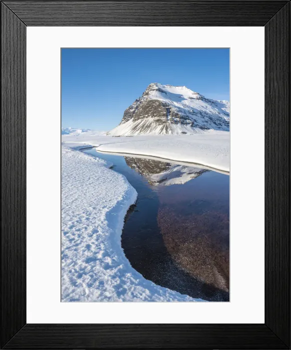 Framed Print : Iceland, Europe. Mountains mirroring in a crystal clear water surrounded by snow