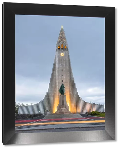 Reykjavik, Iceland. Hallgraimskirkja church at dusk
