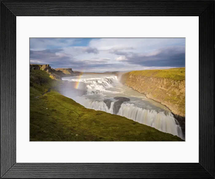 Framed Print : Iceland, Gullfoss at sunset, rainbow and water steam, icelandic landscape Framed Print : Iceland, Gullfoss at sunset, rainbow and water steam, icelandic landscape