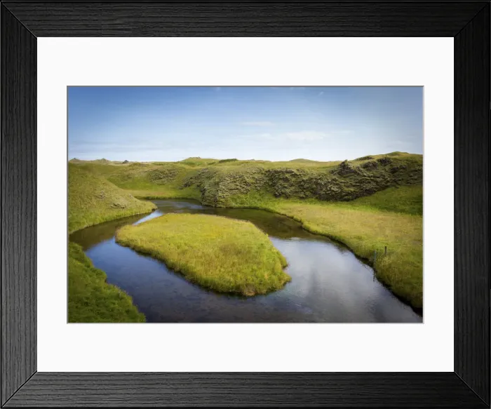 Framed Print : Iceland, green landscape and river meander with grass island Framed Print : Iceland, green landscape and river meander with grass island
