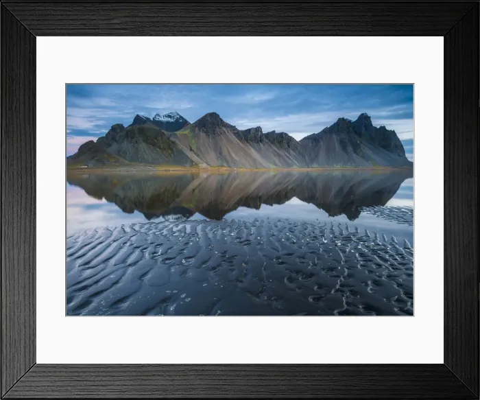 Framed Print : Stokksnes, Iceland. Vestrahorn mountain mirrors in the waters of the Stokksnes bay Framed Print : Stokksnes, Iceland. Vestrahorn mountain mirrors in the waters of the Stokksnes bay