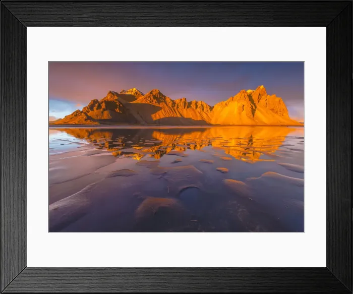 Framed Print : Stokksnes, Iceland. Vestrahorn mountain mirrors in the waters of the Stokksnes bay Framed Print : Stokksnes, Iceland. Vestrahorn mountain mirrors in the waters of the Stokksnes bay