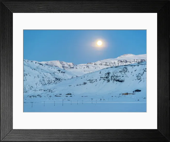 Framed Print : Iceland, Europe. Lonely house on the mountains in a winter landscape with full moon Framed Print : Iceland, Europe. Lonely house on the mountains in a winter landscape with full moon