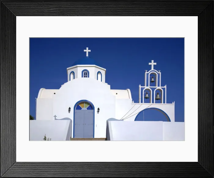 Framed Print : Blue Domed Church & Bell Tower, Santorini, Greece