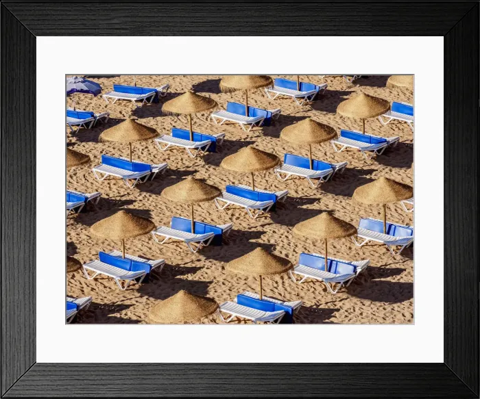 Framed Print : Sunbeds at Paneco Beach, elevated view, Albufeira, Algarve, Portugal Framed Print : Sunbeds at Paneco Beach, elevated view, Albufeira, Algarve, Portugal