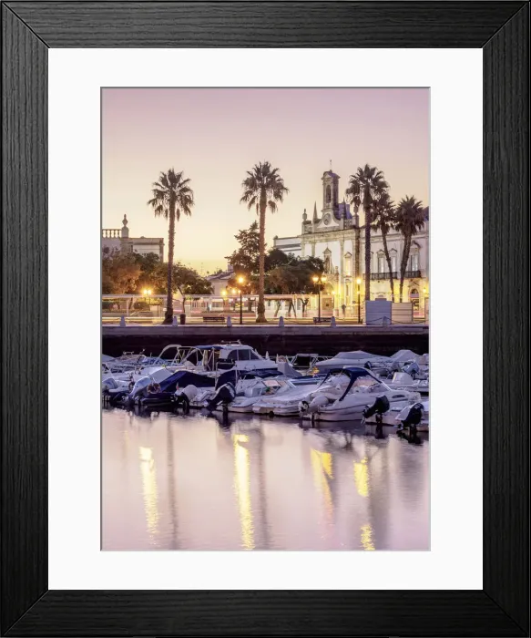 Framed Print : View over Marina towards Arco da Vila at dawn, Faro, Algarve, Portugal Framed Print : View over Marina towards Arco da Vila at dawn, Faro, Algarve, Portugal