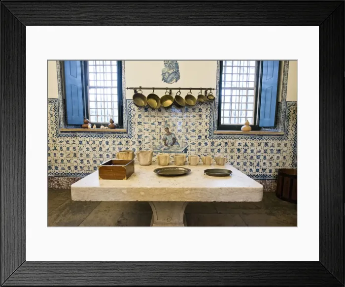 Framed Print : Pimenta Palace kitchen, dating back to the 18th century, with antique copper pots Framed Print : Pimenta Palace kitchen, dating back to the 18th century, with antique copper pots
