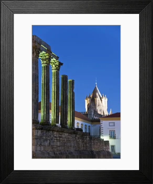 Framed Print : Tower of the Se Catedral (Motherchurch) and the Roman Temple of Diana at dusk, a Unesco