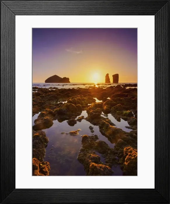 Framed Print : Portugal, Azores, Sao Miguel, Mosteiros, Sunset over the rocks Ilheus dos Mosteiros