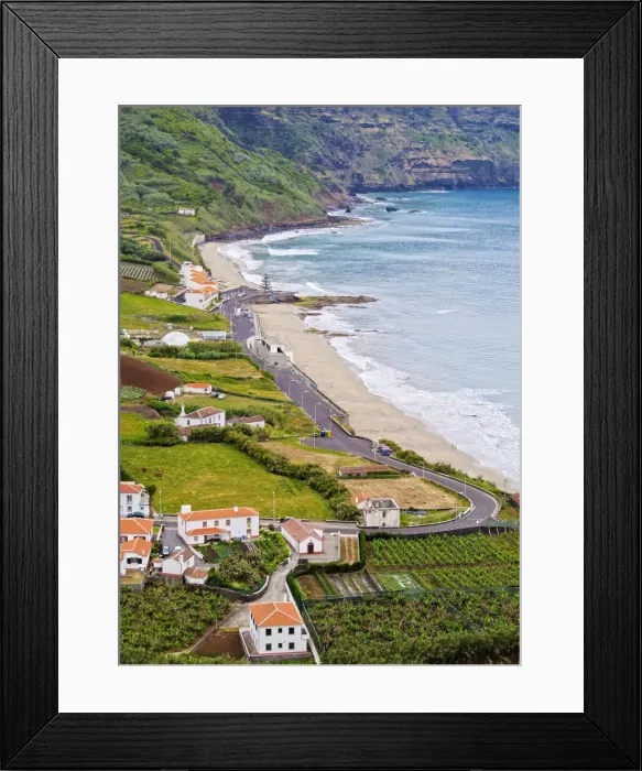 Framed Print : Portugal, Azores, Santa Maria, Praia, Elevated view of the beach and coast of Framed Print : Portugal, Azores, Santa Maria, Praia, Elevated view of the beach and coast of