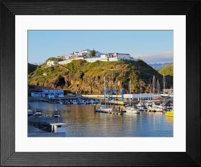 Framed Print : Portugal, Azores, Santa Maria, Vila do Porto, View from harbour towards old town Framed Print : Portugal, Azores, Santa Maria, Vila do Porto, View from harbour towards old town