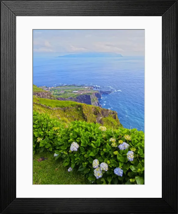 Framed Print : Portugal, Azores, Corvo, View of the shoreline towards Vila do Corvo with Flores Island Framed Print : Portugal, Azores, Corvo, View of the shoreline towards Vila do Corvo with Flores Island