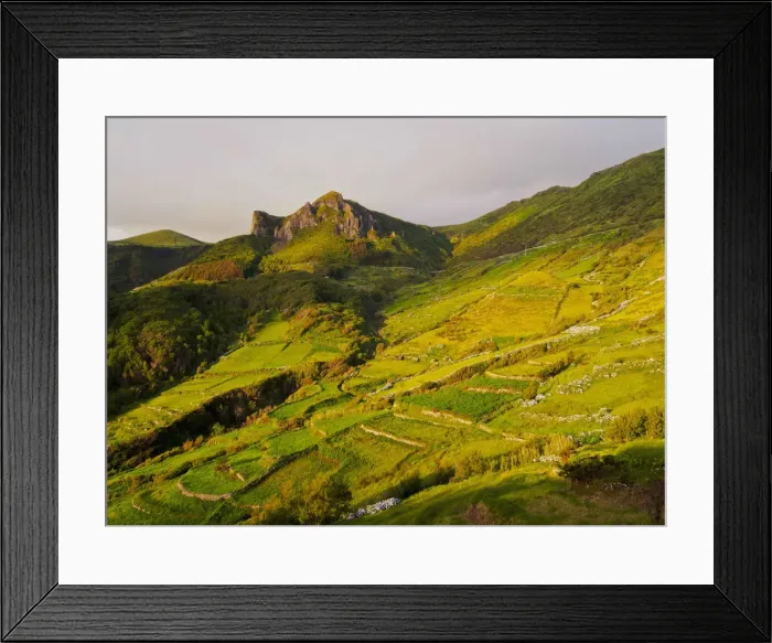 Framed Print : Portugal, Azores, Flores, Landscape of the island with Rocha dos Bordoes viewed Framed Print : Portugal, Azores, Flores, Landscape of the island with Rocha dos Bordoes viewed
