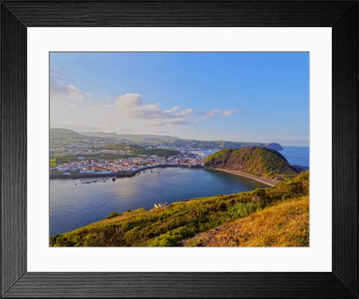 Framed Print : Portugal, Azores, Faial, Horta, View of the city, Porto Pim and Monte Queimado Framed Print : Portugal, Azores, Faial, Horta, View of the city, Porto Pim and Monte Queimado