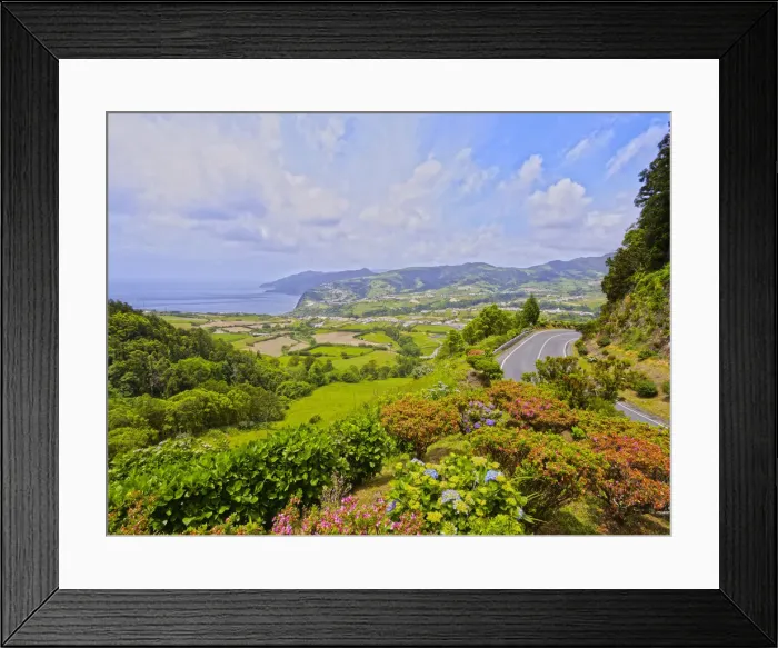 Framed Print : Portugal, Azores, Sao Miguel, Nordeste, View of the Eastern Coast with Hortensias Framed Print : Portugal, Azores, Sao Miguel, Nordeste, View of the Eastern Coast with Hortensias