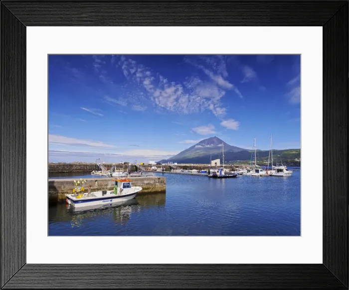 Framed Print : Portugal, Azores, Pico, Lajes do Pico, View of the port with Pico Mountain in