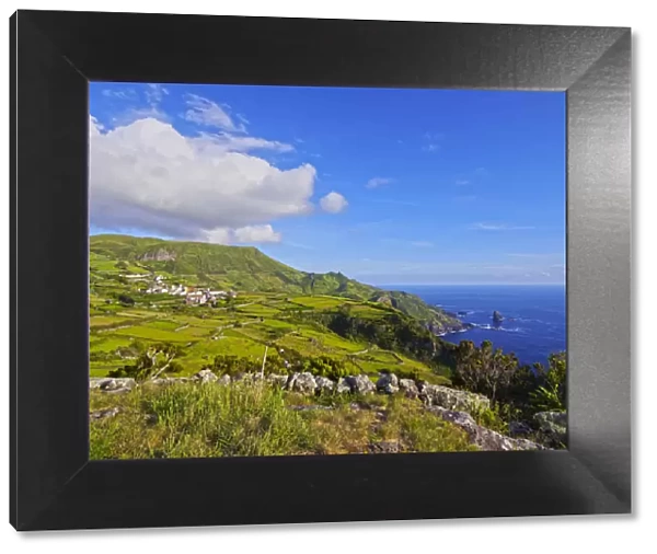 Portugal, Azores, Flores, Landscape with Mosteiro Village and Rocha dos Bordoes