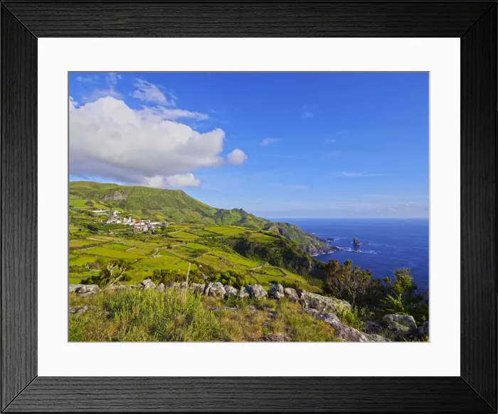 Framed Print : Portugal, Azores, Flores, Landscape with Mosteiro Village and Rocha dos Bordoes Framed Print : Portugal, Azores, Flores, Landscape with Mosteiro Village and Rocha dos Bordoes