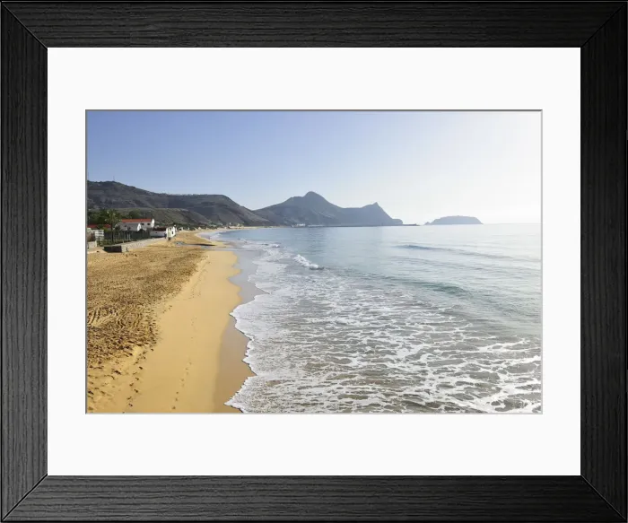 Framed Print : The beautiful golden sandy beach of Porto Santo island, 9 km long. Madeira, Portugal