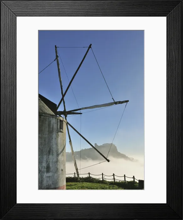 Framed Print : The medieval castle of Palmela and a windmill in a foggy morning, Portugal Framed Print : The medieval castle of Palmela and a windmill in a foggy morning, Portugal