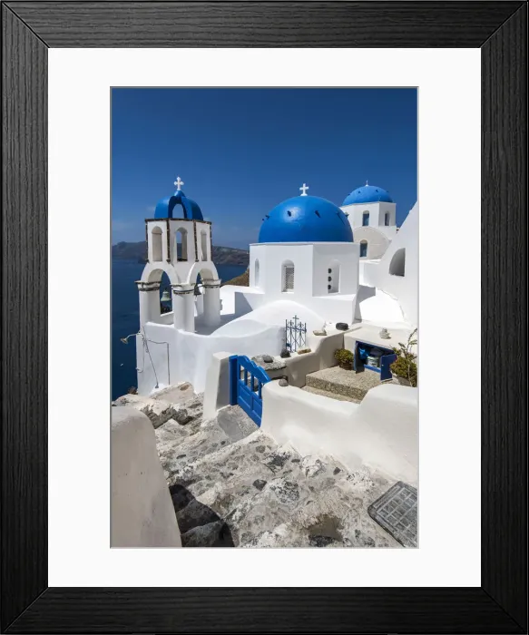 Framed Print : Church with blue domes in Oia, Santorini, South Aegean, Greece Framed Print : Church with blue domes in Oia, Santorini, South Aegean, Greece