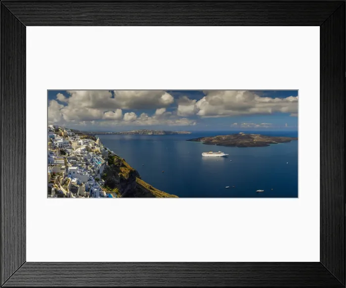 Framed Print : Panoramic view over Fira and the volcanic caldera, Santorini, South Aegean, Greece Framed Print : Panoramic view over Fira and the volcanic caldera, Santorini, South Aegean, Greece