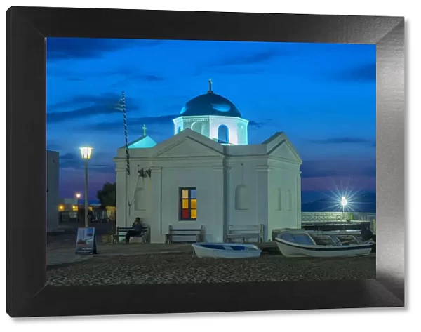 Europe, Greece, Cyclades island, Aegean Sea, Mykonos, Myconos, harbour church at night