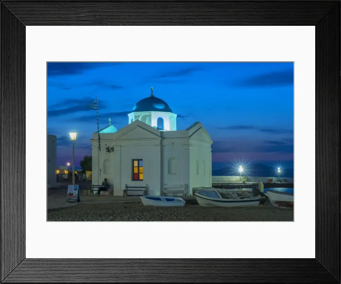 Framed Print : Europe, Greece, Cyclades island, Aegean Sea, Mykonos, Myconos, harbour church at night Framed Print : Europe, Greece, Cyclades island, Aegean Sea, Mykonos, Myconos, harbour church at night
