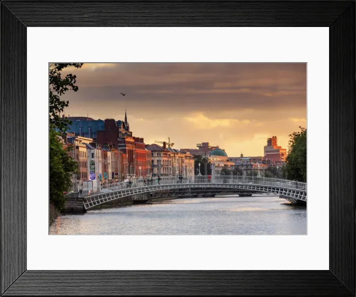 Framed Print : Europe, Dublin, Ireland, people crossing Halfpenny bridge on the Liffey river at sunset Framed Print : Europe, Dublin, Ireland, people crossing Halfpenny bridge on the Liffey river at sunset