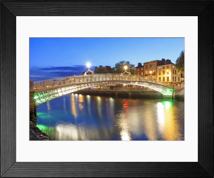 Framed Print : Europe, Dublin, Ireland, Halfpenny bridge reflecting on the Liffey river by night Framed Print : Europe, Dublin, Ireland, Halfpenny bridge reflecting on the Liffey river by night