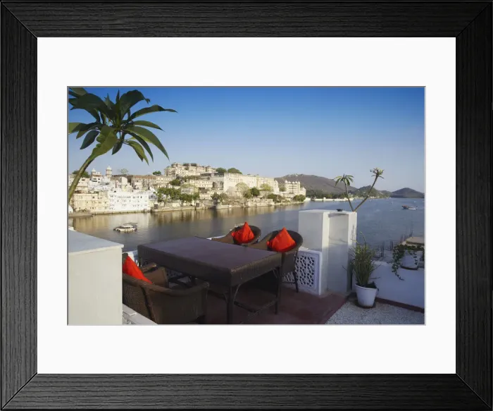 Framed Print : View of City Palace from rooftop restaurant of Lake Pichola Hotel, Udaipur, Rajasthan Framed Print : View of City Palace from rooftop restaurant of Lake Pichola Hotel, Udaipur, Rajasthan