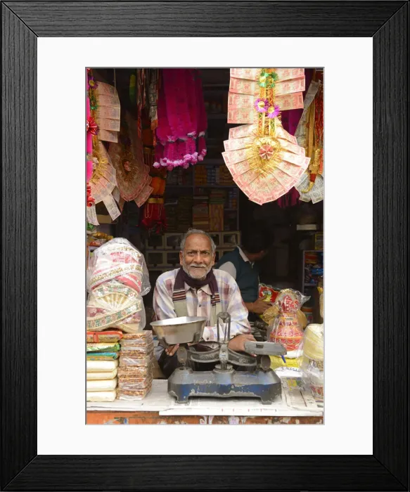Framed Print : Shop owner at Bharatpur, Rajasthan, India Framed Print : Shop owner at Bharatpur, Rajasthan, India