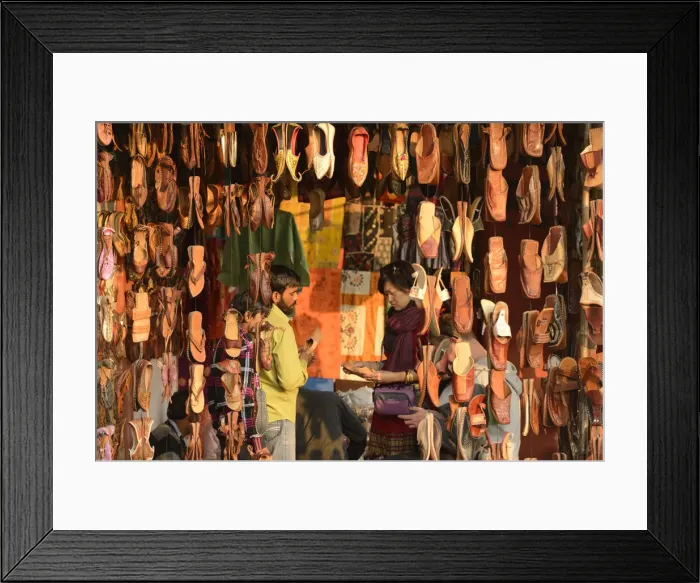 Framed Print : Asian woman buying shoes in market, Jaipur, India, Asia Framed Print : Asian woman buying shoes in market, Jaipur, India, Asia
