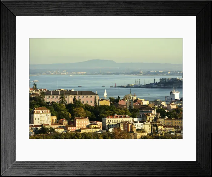 Framed Print : Alcantara district and the Tagus river. The Arrabida mountain range on the background Framed Print : Alcantara district and the Tagus river. The Arrabida mountain range on the background
