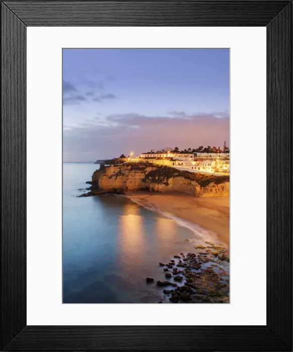 Framed Print : The beach of Carvoeiro at dusk. Algarve, Portugal