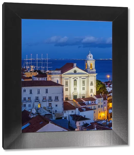 Portugal, Lisbon, Miradouro das Portas do Sol, Twilight view towards the Church of