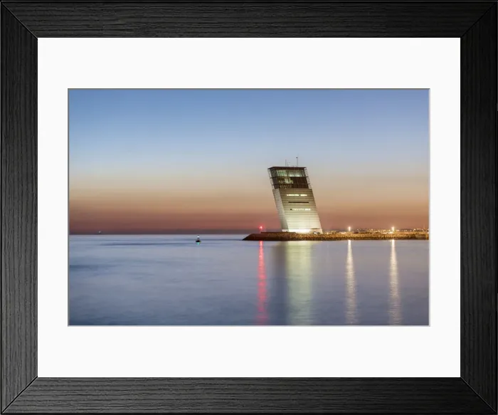 Framed Print : The Tower of Maritime Control in Alges at dusk, overlooking the Tagus river