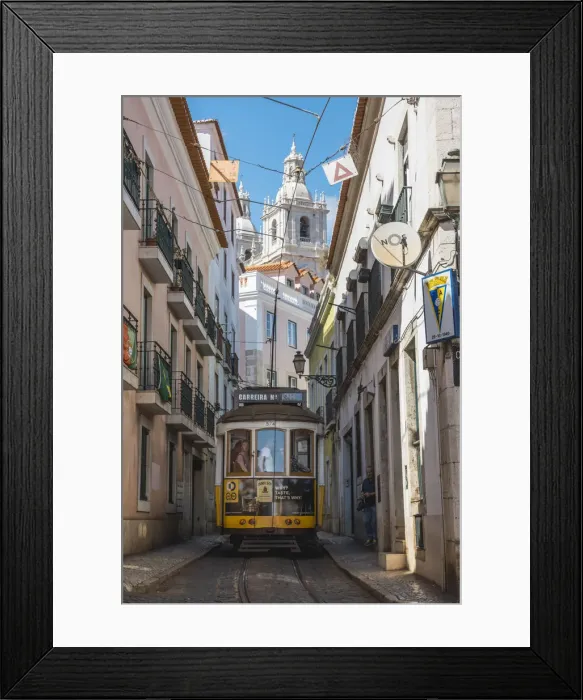 Framed Print : Portugal, Lisbon. The famous touristy line 28 of the Lisbon tramway in Alafama district Framed Print : Portugal, Lisbon. The famous touristy line 28 of the Lisbon tramway in Alafama district