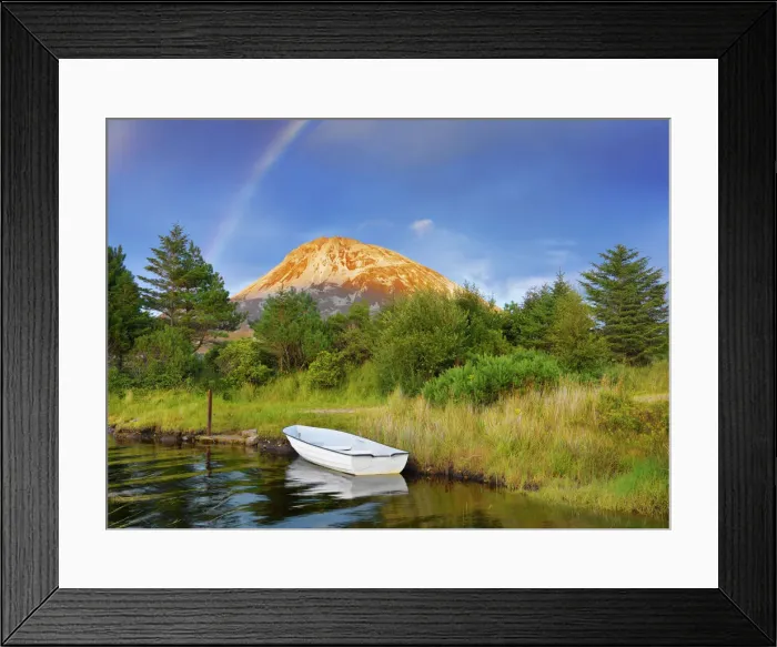 Framed Print : Ireland, Co. Donegal, Boat in lake infront of Mount Errigal with rainbow Framed Print : Ireland, Co. Donegal, Boat in lake infront of Mount Errigal with rainbow