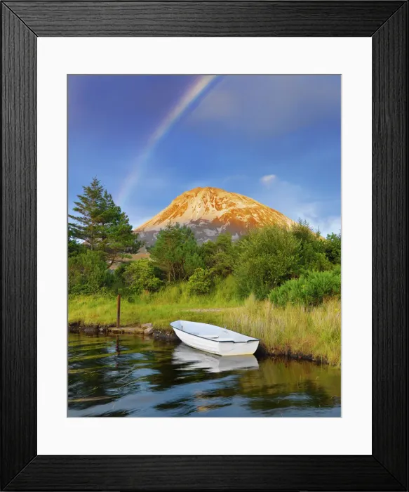 Framed Print : Ireland, Co. Donegal, Boat in lake infront of Mount Errigal with rainbow