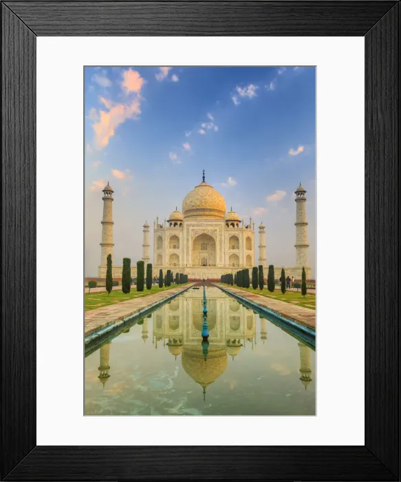 Framed Print : India, Taj Mahal mausoleum in the early morning reflecting in the water pool Framed Print : India, Taj Mahal mausoleum in the early morning reflecting in the water pool