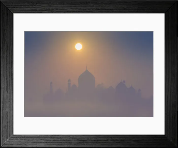 Framed Print : India, Taj Mahal memorial on a foggy morning with the sun rising in the background Framed Print : India, Taj Mahal memorial on a foggy morning with the sun rising in the background