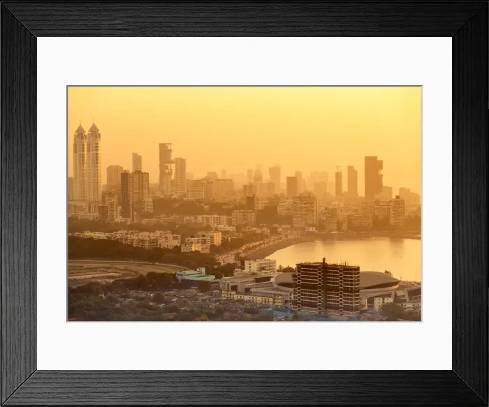 Framed Print : India, Maharashtra, Mumbai, sunset over the city centre and Haji Ali Bay showing Framed Print : India, Maharashtra, Mumbai, sunset over the city centre and Haji Ali Bay showing