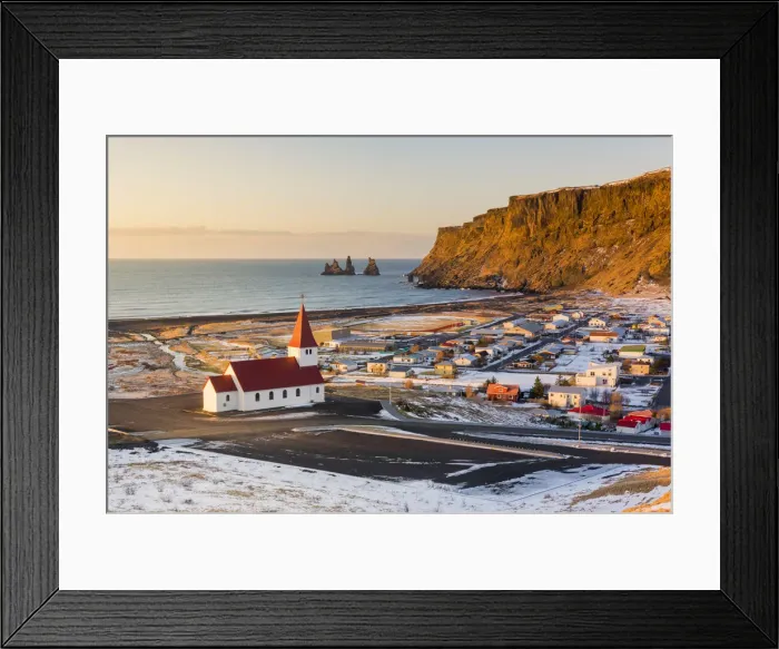 Framed Print : Vik i Myrdal, Southern Iceland, Iceland. High angle view over Viks church