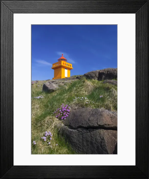 Framed Print : Low angle view of lighthouse on cliff at Djupivogur, East Iceland, Iceland Framed Print : Low angle view of lighthouse on cliff at Djupivogur, East Iceland, Iceland