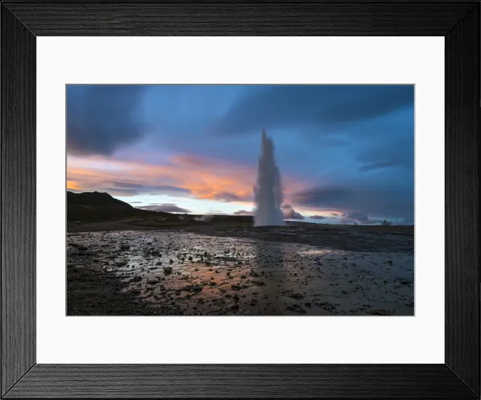 Framed Print : Hot spring splashing at Strokkur during sunset, Geysir, South Iceland, Iceland Framed Print : Hot spring splashing at Strokkur during sunset, Geysir, South Iceland, Iceland