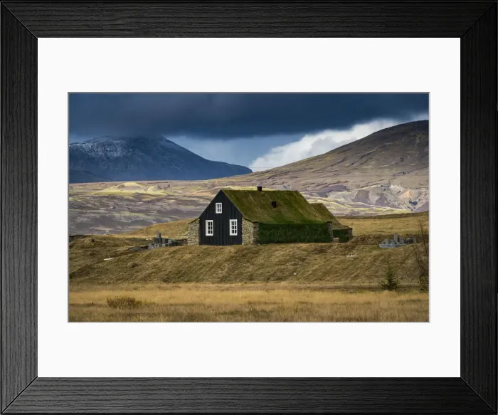 Framed Print : House with roof covered by grass against mountains, South Iceland, Iceland Framed Print : House with roof covered by grass against mountains, South Iceland, Iceland