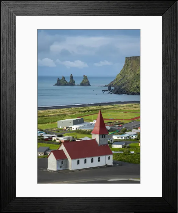 Framed Print : Vik i Mydral Church in Vik with Reynisdrangar rock formation in background, Vik i Mydral Framed Print : Vik i Mydral Church in Vik with Reynisdrangar rock formation in background, Vik i Mydral