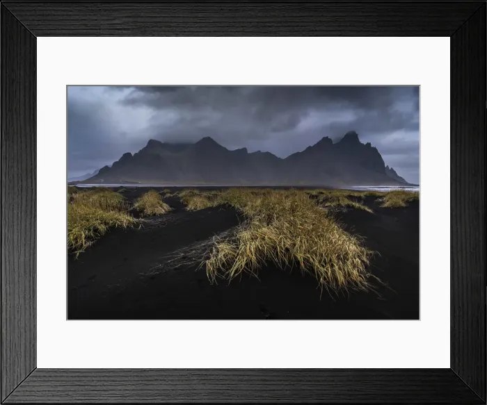Framed Print : Grass on black sand beach against Vestrahorn mountain range at dusk, Stokksnes, East Framed Print : Grass on black sand beach against Vestrahorn mountain range at dusk, Stokksnes, East